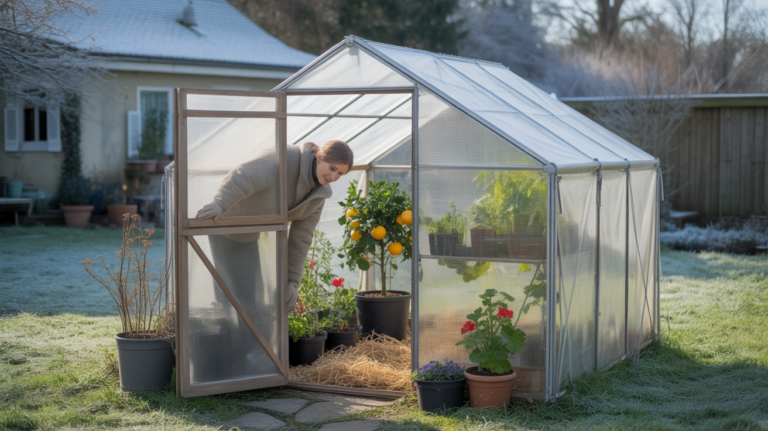Scène hivernale réaliste montrant une petite serre d’hivernage dans un jardin, avec des plantes fragiles protégées du froid et un jardinier vérifiant leur état.