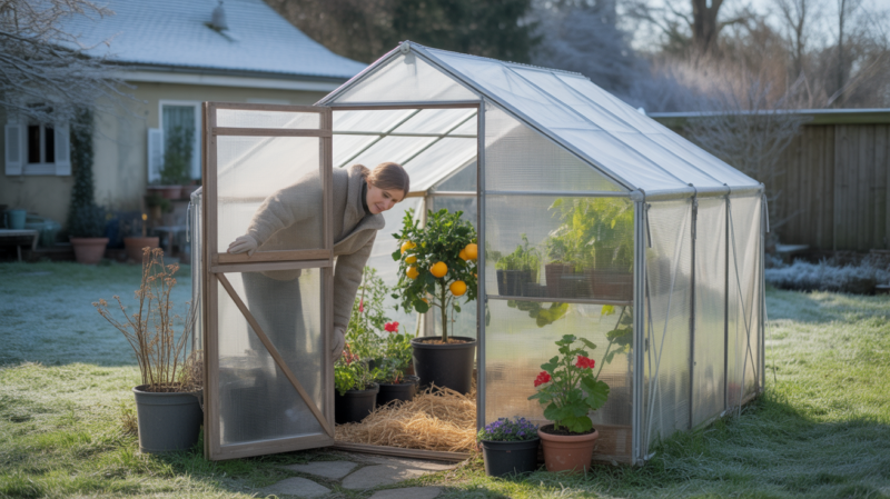 Scène hivernale réaliste montrant une petite serre d’hivernage dans un jardin, avec des plantes fragiles protégées du froid et un jardinier vérifiant leur état.