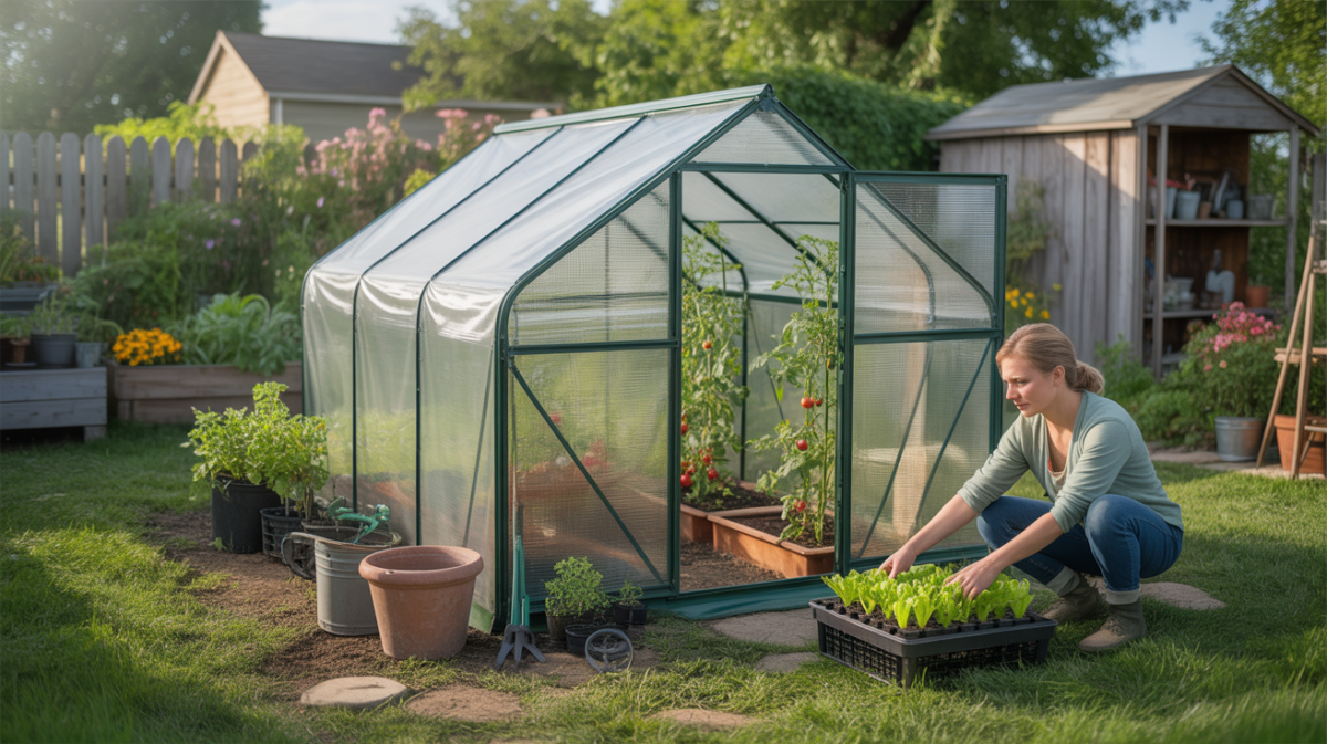 Scène de jardin réaliste avec une serre de jardin abordable entourée de plantes, outils et d’un jardinier dans un cadre naturel.