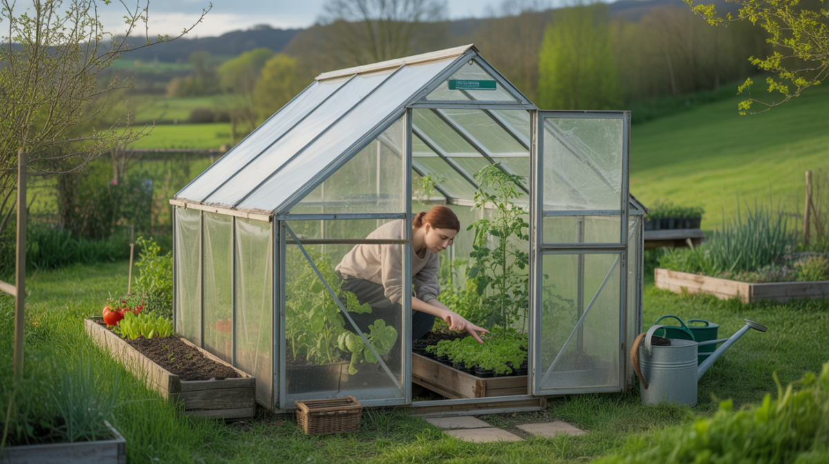 Serre de jardin réaliste avec un jardinier s’occupant de jeunes plants dans un cadre naturel et lumineux.