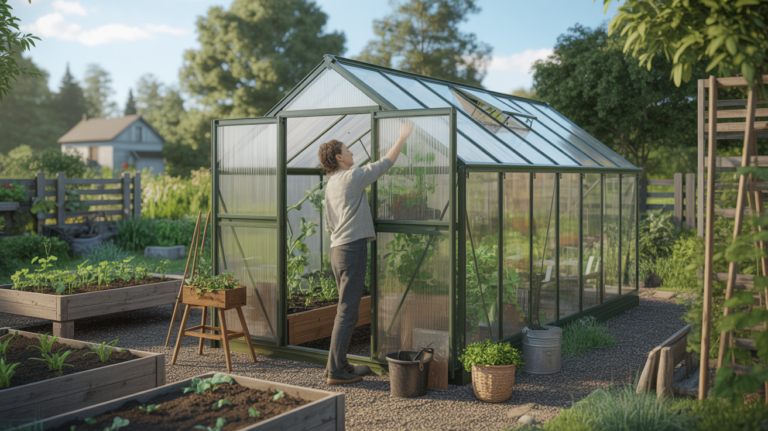 Scène réaliste d’un jardin avec une serre moderne en verre et aluminium, entourée de plates-bandes et d’un jardinier au travail.