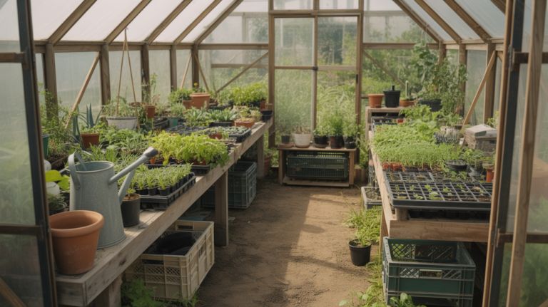 Intérieur réaliste d’une serre avec des plantes et des étagères bien organisées