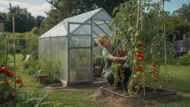 Serre en verre moderne avec tomates mûres et jardinier réaliste prenant soin des plants dans un jardin naturel ensoleillé.
