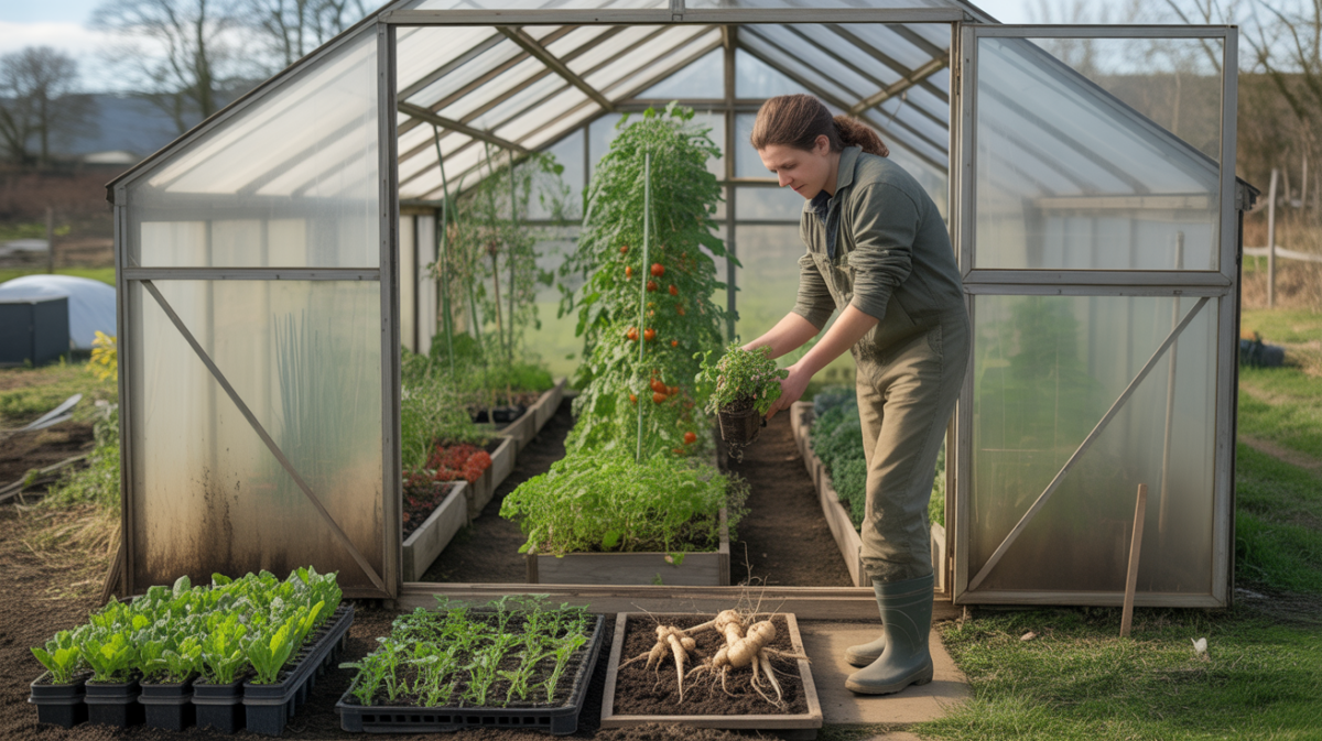 Scène réaliste d'une serre moderne avec un jardinier inspectant des cultures variées poussant toute l'année.