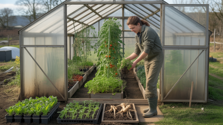 Scène réaliste d'une serre moderne avec un jardinier inspectant des cultures variées poussant toute l'année.