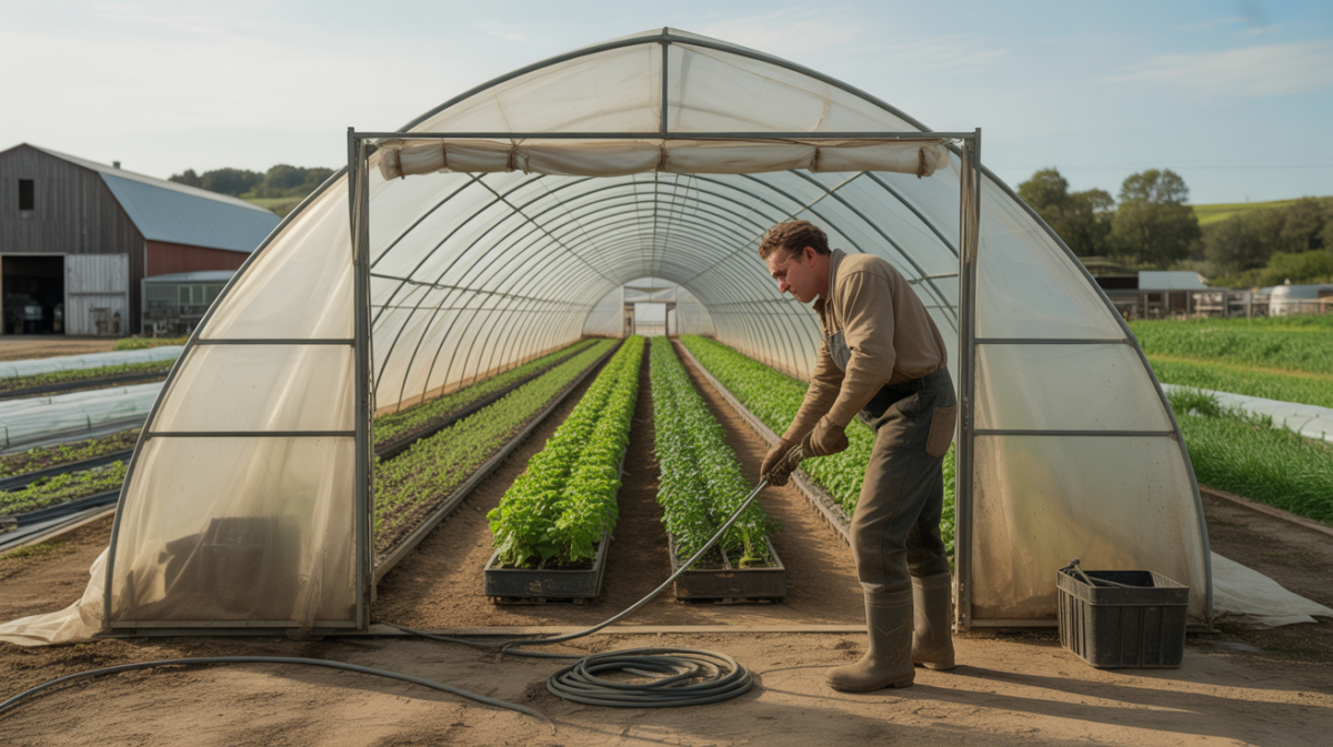 Scène réaliste d’une serre tunnel professionnelle sur une exploitation agricole avec un agriculteur inspectant des cultures.