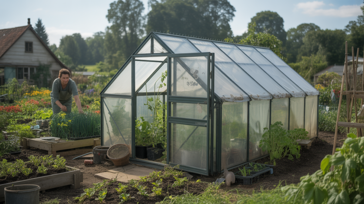 Serre réaliste montrant côte à côte du verre et du polycarbonate dans un jardin authentique avec un jardinier au travail.