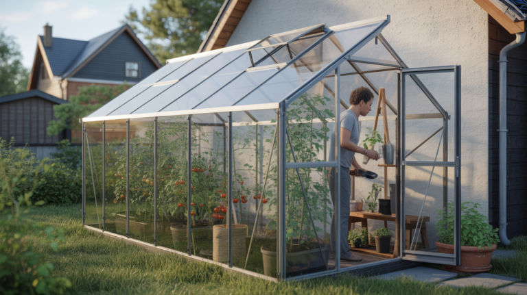 Serre adossée réaliste contre une maison avec jardin et personne jardinant à l’intérieur.