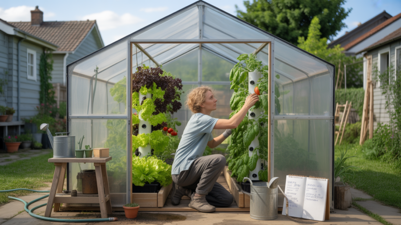 Serre hydroponique maison réaliste en 2026 avec un jardinier s’occupant de plantes cultivées en système vertical et NFT.