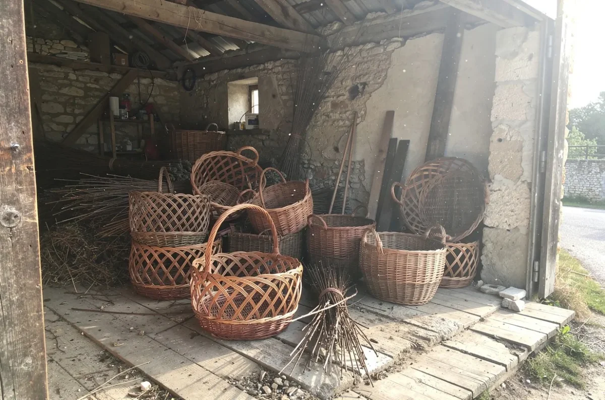 Paniers d’osier et bottes de brins dans une grange