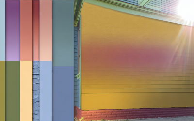Mur de maison peint avec une transition de couleurs en D : Denim, Dandelion, Dusty Rose, Daffodil. Lumière douce d'un après-midi pour texture et transitions subtiles. Perspective frontale pour saisir toute la gamme de teintes. Légère texture pour réalisme. Netteté ajustée, saturation équilibrée.